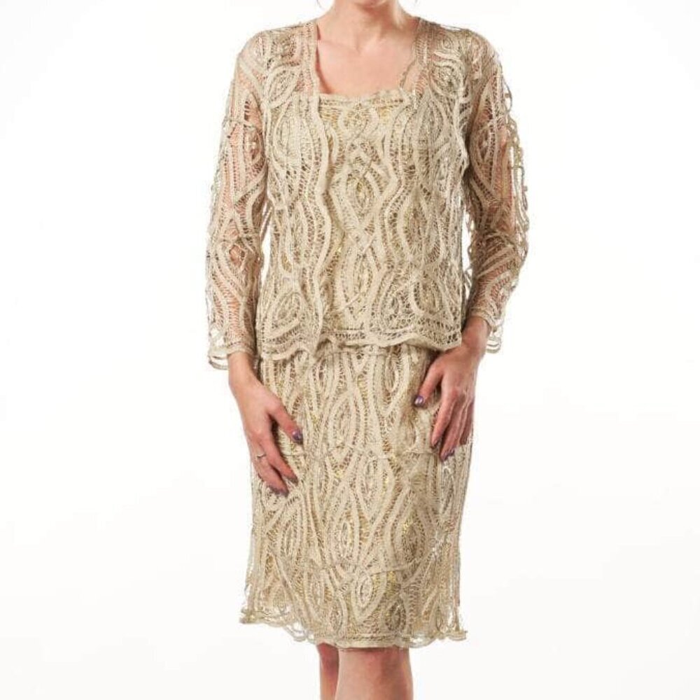 SALE NWT Soulmates D8066 Allover Lace Semi Formal Dress Champagne Size XL